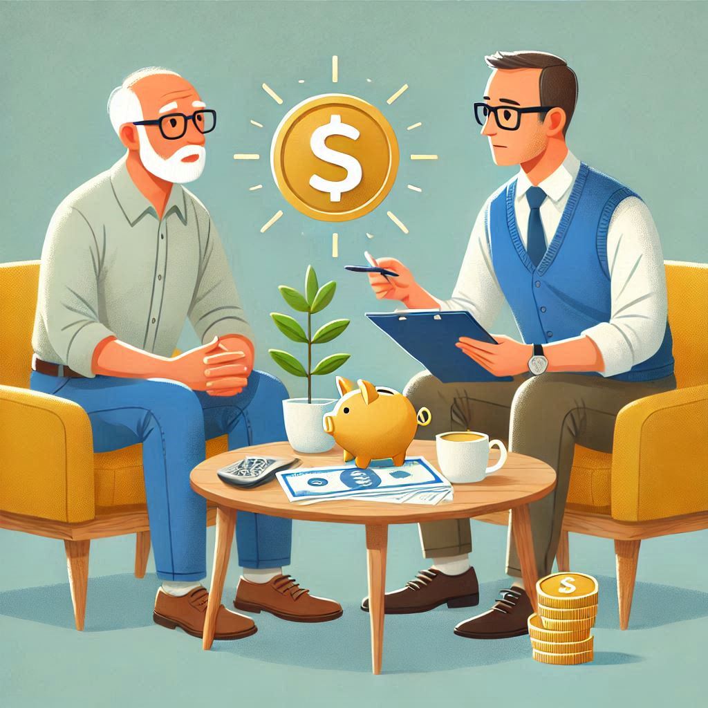 Foto de un trabajador jubilado conversando con un asesor, simbolizando la planificación y seguridad económica.